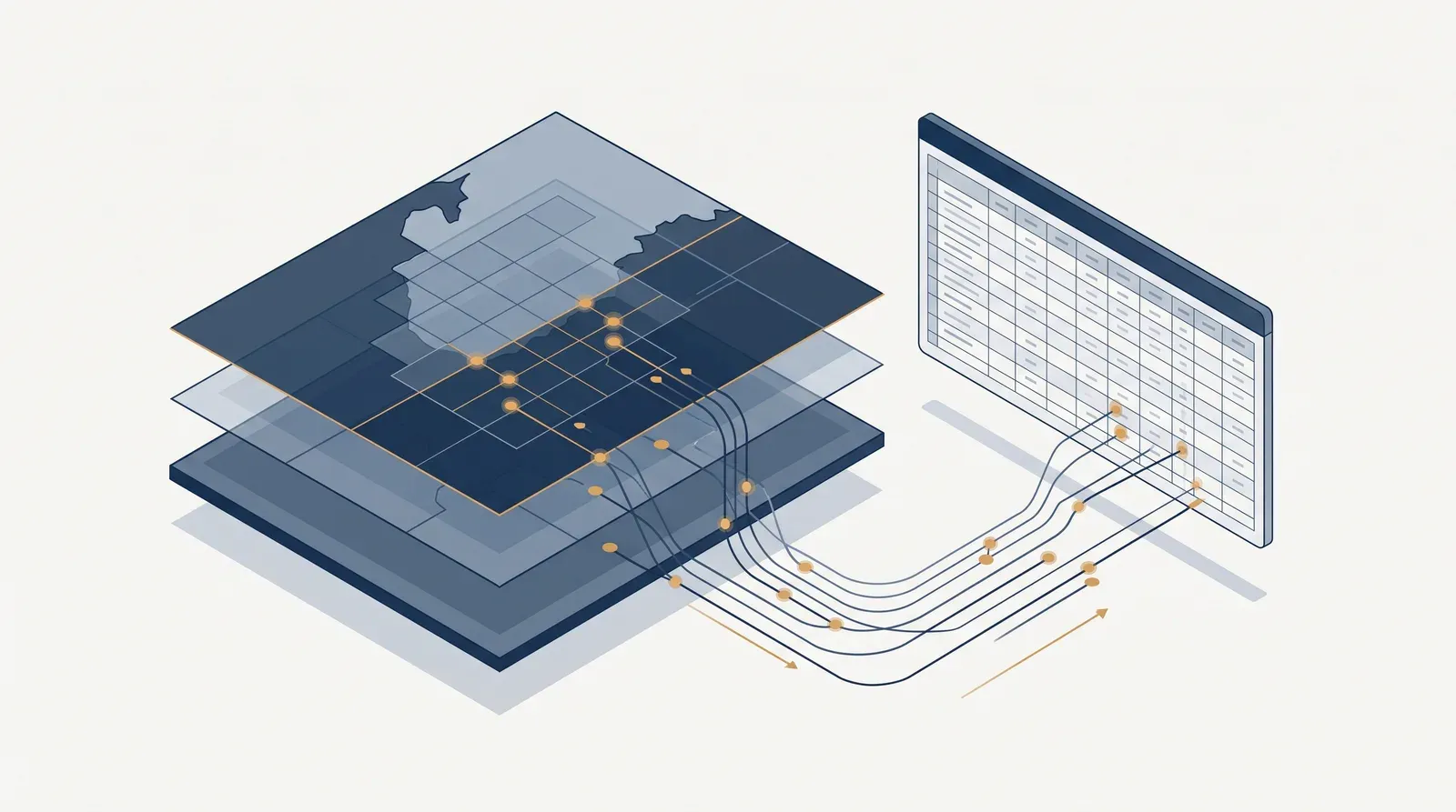 Isometric illustration of open data: stacked map layers of an offshore block grid with data streams