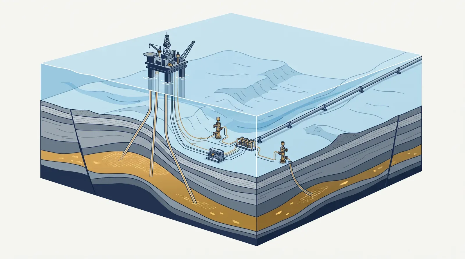 Geological cross-section illustration of an offshore gas field with production wells and export pipeline