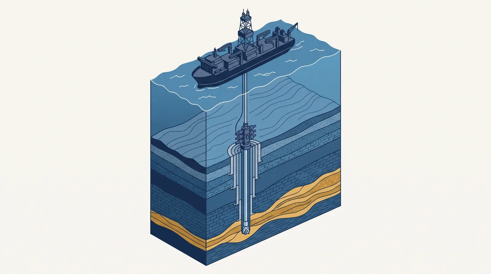 Technical cutaway illustration of an offshore exploration well descending through geological strata